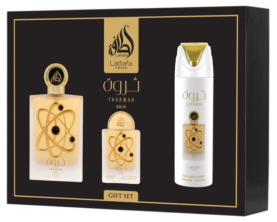 Coffret Cadeau Tharwah Gold – Lattafa Pride | Eau de Parfum 3 Pièces